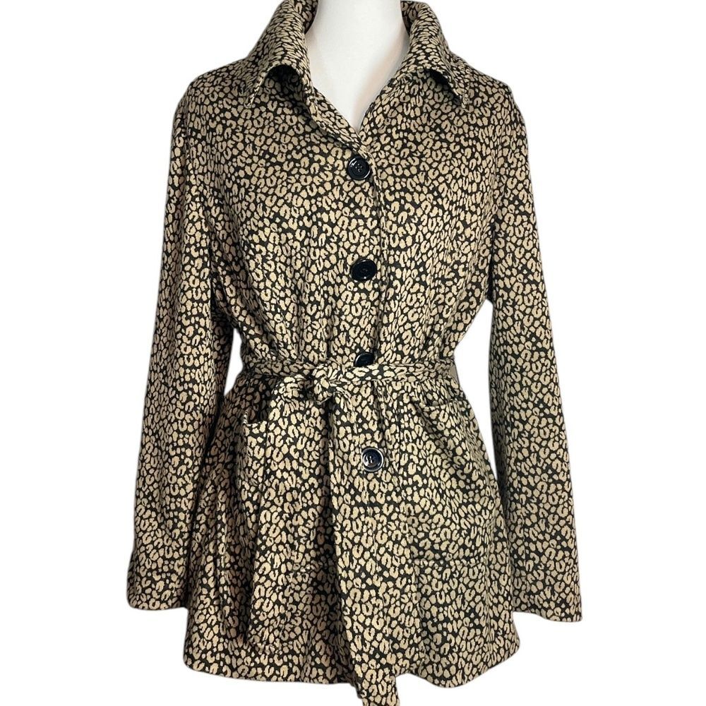Vintage Carole Little Leopard Print Belted Jacket, XL. Black tan animal print